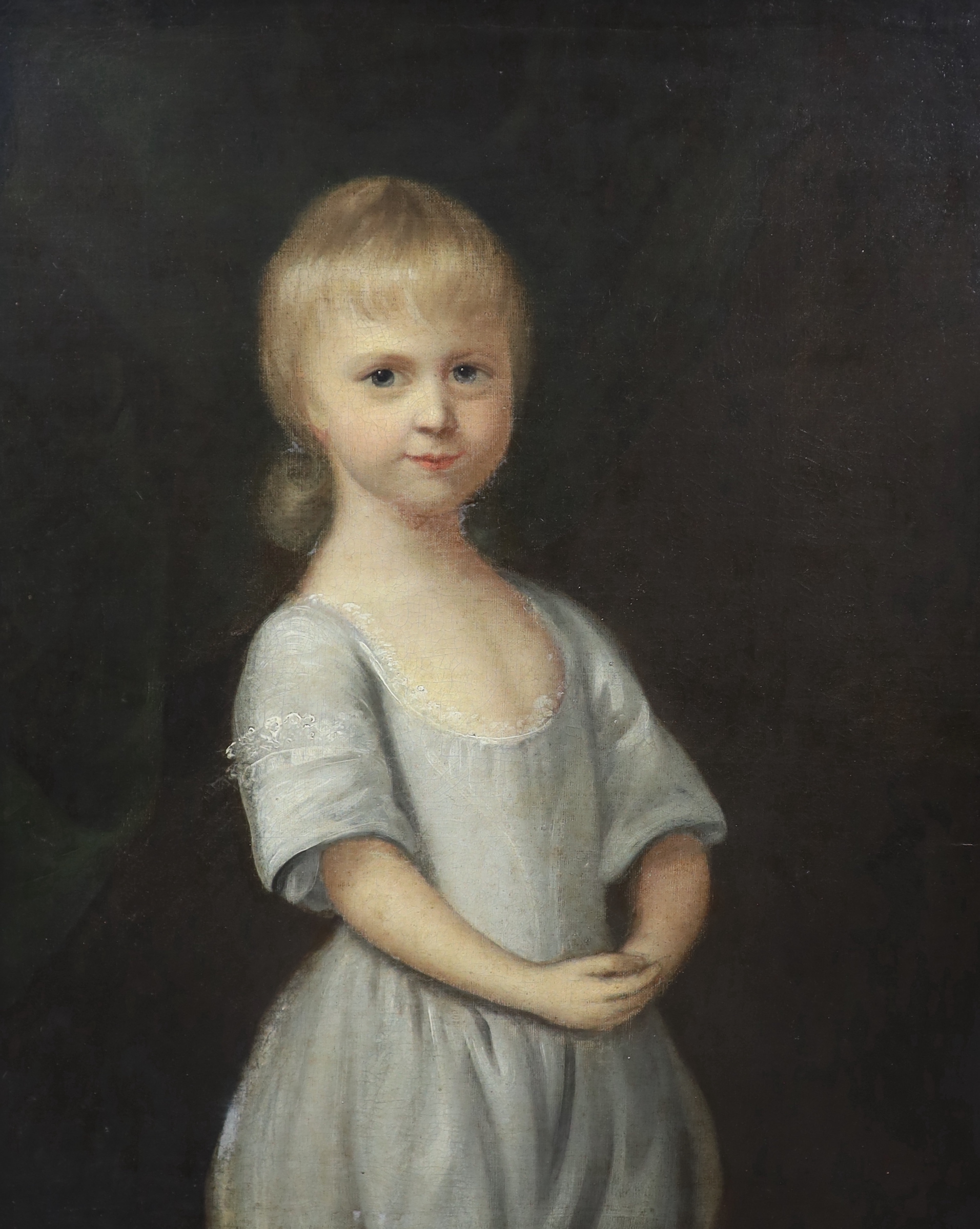 18th century English School, Portrait of a child standing wearing a blue dress, oil on canvas, 75 x 62cm